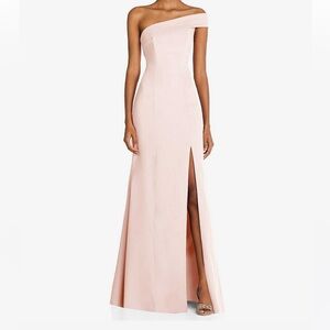 Asymmetrical Off-the-Shoulder Cuff Trumpet Gown With Front Slit in Blush
